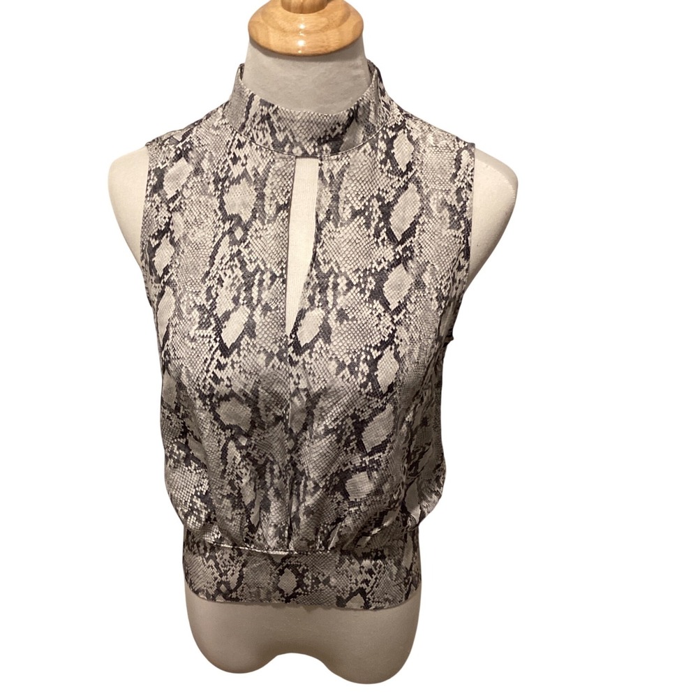 FRAME Womens Grey Snakeskin Print Mock Neck Keyhole Smocked Hem Blouse Size M